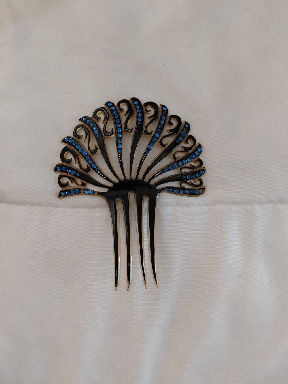 Black & Blue Fan Hair Comb w/ Rhinestone Accents, Plastic, Circa 1910- 1920